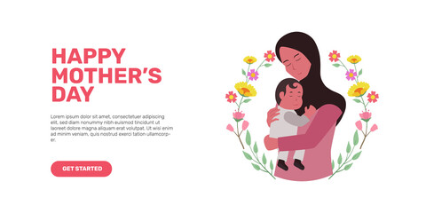 Illustration of moslem islam mom wear hijab hugging son or daughter on her arm for mother day greeting card concept