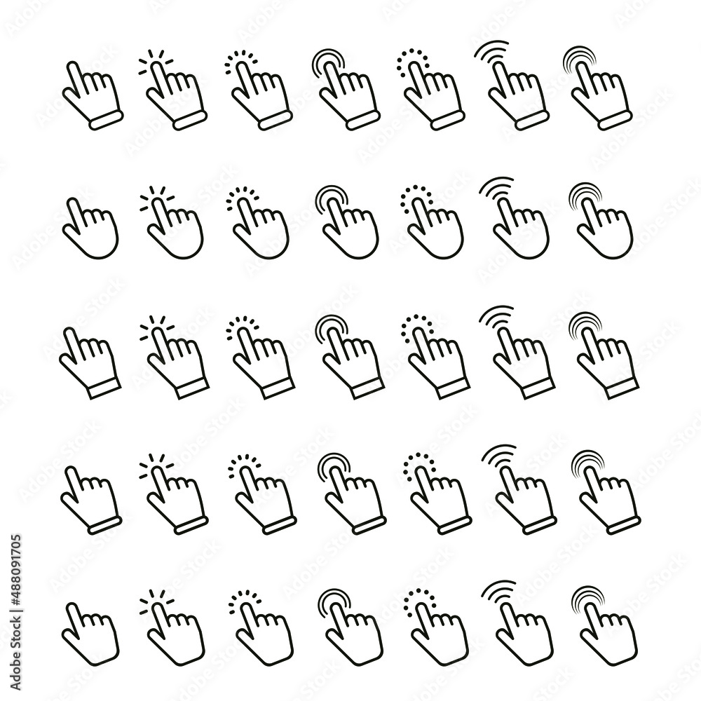 Poster hand clicking icon set. finger click pointer. vector illustration. mouse click cursor collection.