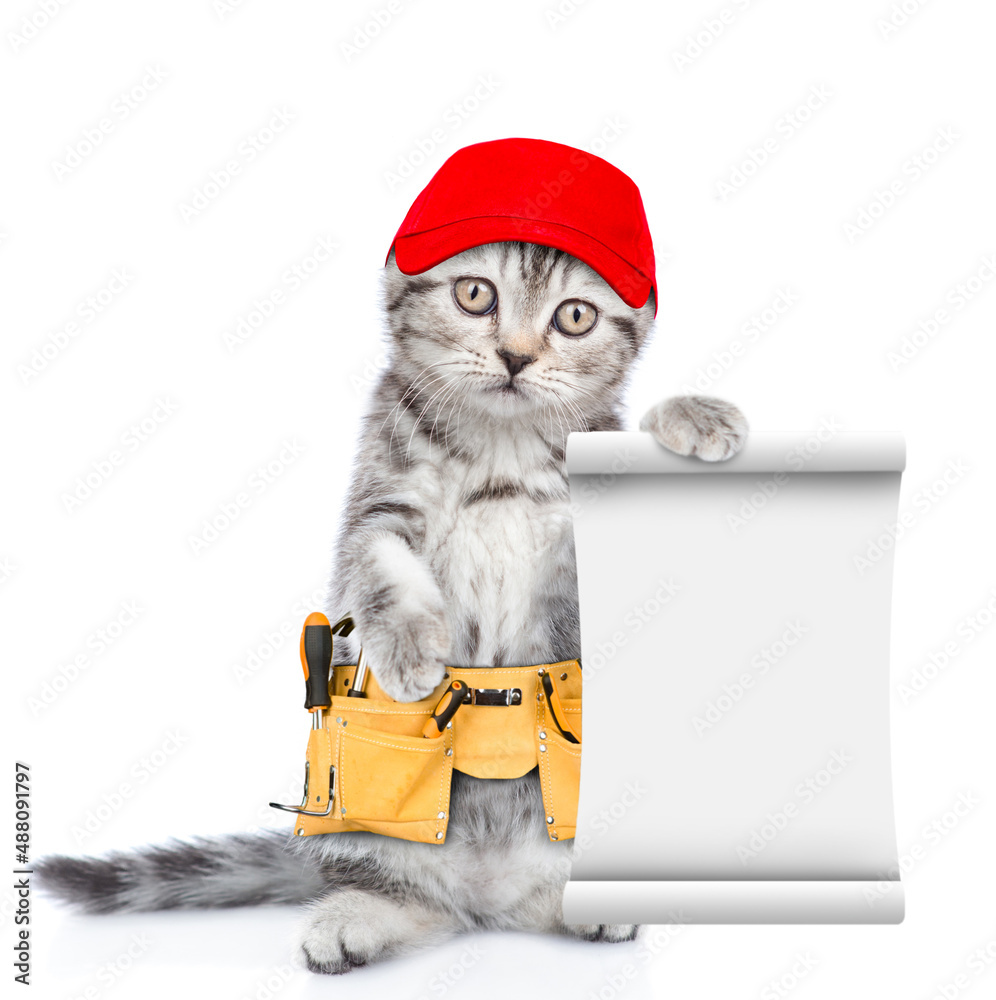 Poster funny cat wearing red cap and toolbelt holds empty list. isolated on white background