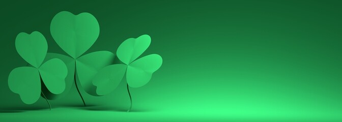 St. Patricks Day greeting card template. Shamrock leafs. 3D render