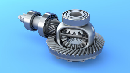 Differential on a blue background. Gear mechanism. Part of a vehicle. 3d render