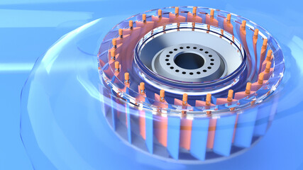 Guide vane in spiral case hydro turbine. Stylized hydroelectric turbine. 3d render © Filipp