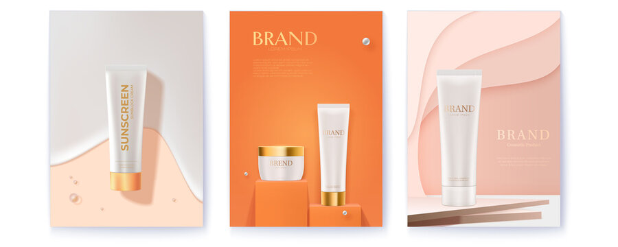 Ad of cosmetic and sunscreen cream. Vector illustration.