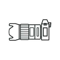 Camera with lens, Side view of Camera, linear vector element, Illustration. 
