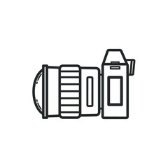 Camera with lens, Side view of Camera, linear vector element, Illustration. 