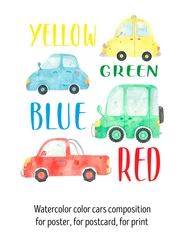 Fotobehang Watercolor funny cars poster, print. Design for birthday party, baby clothes. Baby boy transport illustrations car, bus, trucks, auto. Vehicles Multicolored. Beep beep traffic © Darya_s