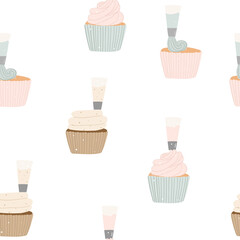 Seamless pattern with making colorful cupcakes decorating pink cream on white background in flat style