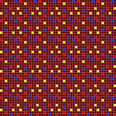 multicolored geometric shapes, seamless patterns, multicolored square mosaics, red background