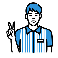 ピースサインをして笑顔のコンビニ店員の若い男性
