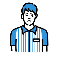 涙を流して悲しんでいるコンビニ店員の若い男性
