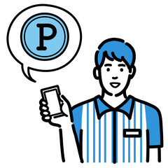 スマホを持ってポイントの説明をしているコンビニ店員の若い男性
