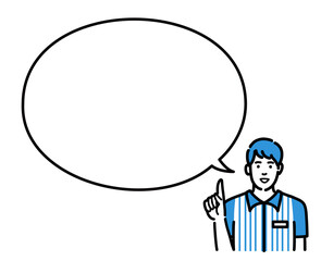 吹き出しで説明をするコンビニ店員の若い男性

