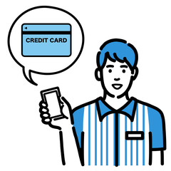スマホを持ってクレジットカードの説明をしているコンビニ店員の若い男性

