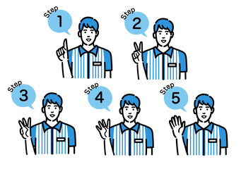 手順について説明をしているコンビニ店員の若い男性のセット
