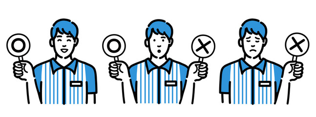 マルバツの札を持っているコンビニ店員の若い男性のセット
