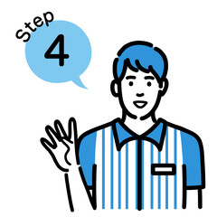 ステップ4 手順について説明をしているコンビニ店員の若い男性
