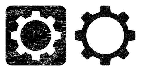 Vector gear wheel carved icon. Grunge gear wheel stamp, done with icon and rounded square. Rounded square stamp seal contain gear wheel subtracted shape inside. Vector gear wheel grunge images.