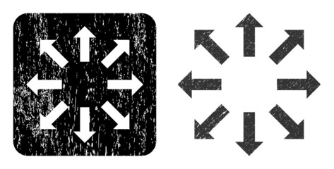 Vector explode arrows subtracted icon. Grunge explode arrows seal, done from icon and rounded square. Rounded square seal have explode arrows subtracted shape inside.