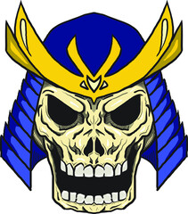 Samurai skull with kabuto in blue color and slightest golden ornamen on it's horn .best used for graphic material such as on t-shirt design, tattoo,and japanese culture illustration material
