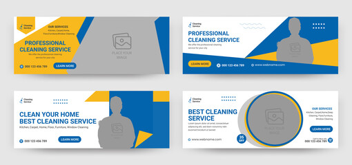 Cleaning service Facebook Cover and web banner design template ,digital marketing web banner design, bundle template, 4 design with blue and yellow color	
