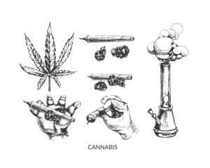 367_cannabis, leaves and hemp branch_bong, cigarette, hands_bong, glass flask for smoking, cannabis nozzle, dry marijuana flower, leaf, hand with a cigarette, cigarette, vector graphic illustration on