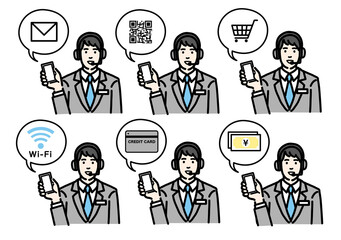 スマートフォンを持って説明をしているオペレーターの若い男性のセット
