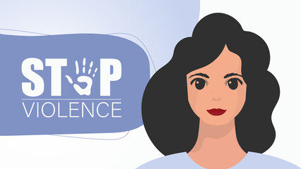 Stop violence against women. Woman with a banner. A strong woman protesting against violence. Vector illustration.
