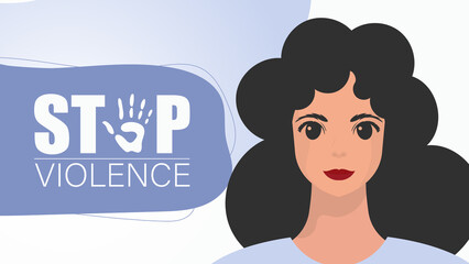 Stop violence. girl with a banner. A strong woman protesting against violence. Vector illustration.