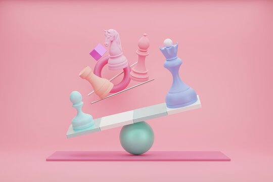 Chess conceptual 3d illustration. Pawn and queen, abstract composition in candy colors.