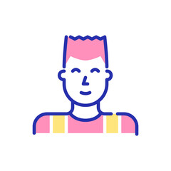 Young teenager boy with short hair wearing a t-shirt. Avatar profile picture. Pixel perfect, editable stroke fun color icon