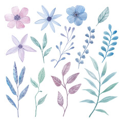 Colorful floral watercolor collection with colorful flowers, leaves, branches. Set of floral elements.
