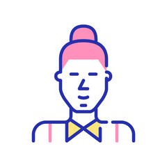 Good looking young hipster man with a bun wearing a shirt. Pixel perfect, editable stroke fun color icon