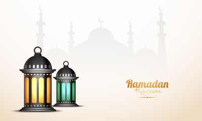 Golden Ramadan Kareem Font With Realistic Lit Lanterns On White Silhouette Mosque Background.