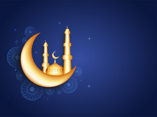 3D Golden Crescent Moon With Mosque, Mandala Pattern And Copy Space On Blue Light Effect Background.