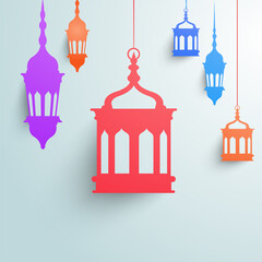 Hanging Colorful Arabic Lanterns Decorated On Pastel Blue Background.