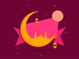 Yellow Crescent Moon With Mosque, Lanterns Hang And Empty Ribbon On Dark Pink Background For Islamic Festival Concept.