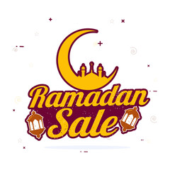 Sticker Style Ramadan Sale Font With Crescent Moon, Mosque, Lanterns On White Background. Advertising Poster Design.