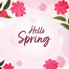 Hello Spring Font With Beautiful Flowers And Leaves Decorated On Pink Background.