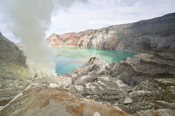 landscape of kawah ijen volcano, with the lake, java, indonesia