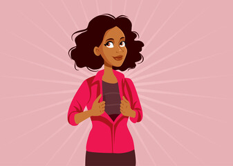 Superhero Woman Opening Her Shirt Vector Cartoon Illustration