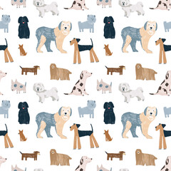 Hand-drawn colorful childish simple seamless pattern with dogs in Scandinavian flat cartoon style isolated on white background. Hatch graphic doodle dogs set for kids. Cute animals dogs print.