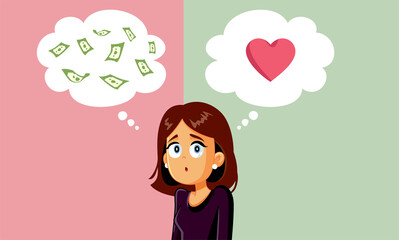 Woman Choosing Between Money and Love Vector Cartoon