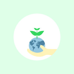 Green leaf icon and Eco globe, planet logo world environmental day banner. Hands holding small earth and plant
