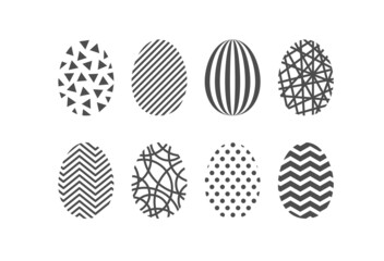 Simple monochrome easter egg design. Isolated vector template of geometric pattern with dots, stripes, triangles.