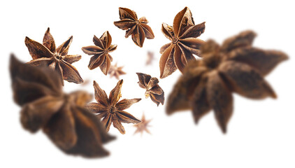 Anise stars levitate on a white background