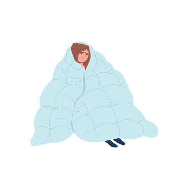 recommend clip art: Sad young girl wrapped in a blanket. The unhappy female depressive character is consumed by grief. A woman a bad mood. Cartoon vector illustration on an isolated white background.