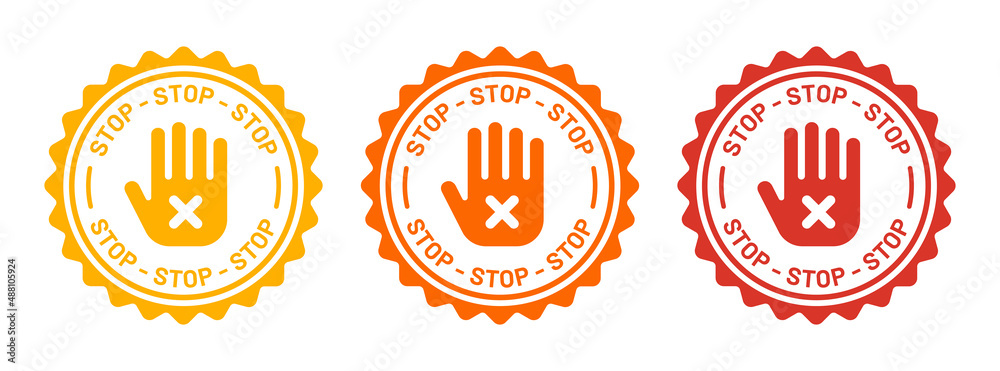 Poster stop sign symbol in graphic design. hand with cross mark icon on badge vector.