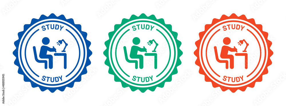 Poster study badge stamp icon set. man sitting on table icon vector illustration.