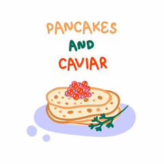 Hand drawn traditional pancakes with caviar vector clipart. Perfect for logo, menu, stickers and print. Doodle vector illustration for decor and design.