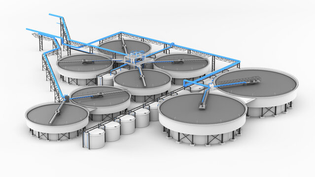 Wastewater treatment plant on a white background. 3d render